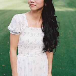 White Swiss Dot Maxi Dress with Smocked Bodice and Blue Floral Print